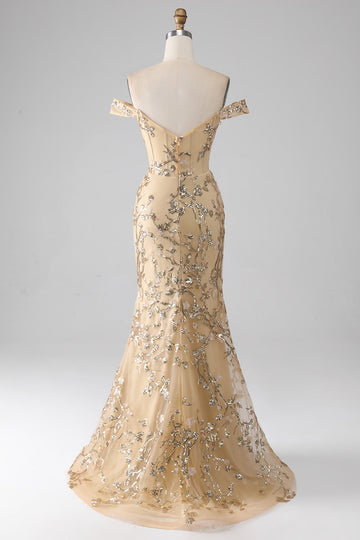 Sirena Off The Shoulder Abito da ballo lungo dorato con perline con fessura